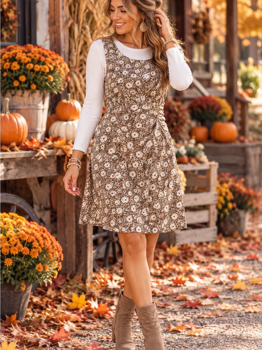 Brown Floral Sleeveless A-Line Dress perfect for layering